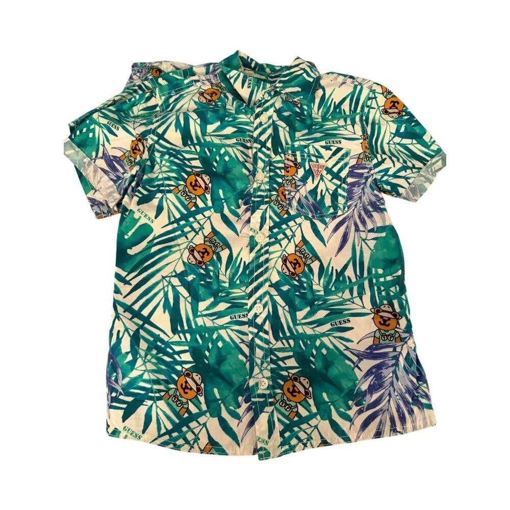 Guess Boys Size 6 Green Tropical Teddy Bear Cargo Short And Shirt Set Casual